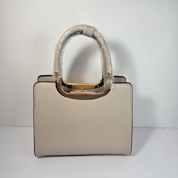 Badgley Mischka New York Top Handle Satchel Cream Gold Frame Structured Handbag - Picture 3 of 11